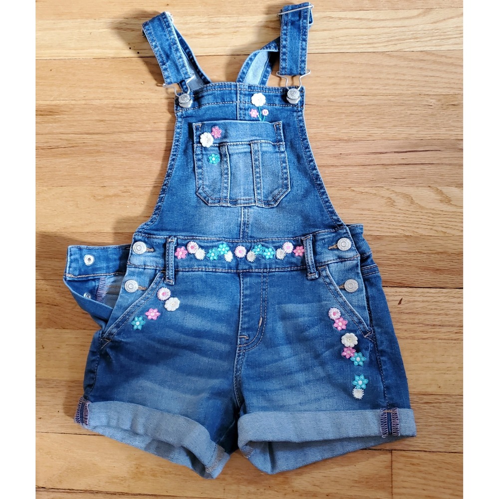 Jordache Girls Floral Embroidered Denim Shortalls Sz S 6-6X Bib Overall Daisies